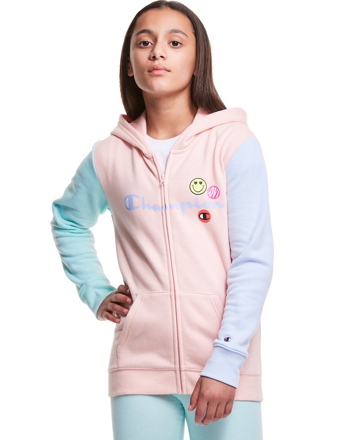 Champion Hoodie Meisjes - Koraal/Blauw - Colorblock Fleece Full Zip Smiley Face ( 652039-CEP )